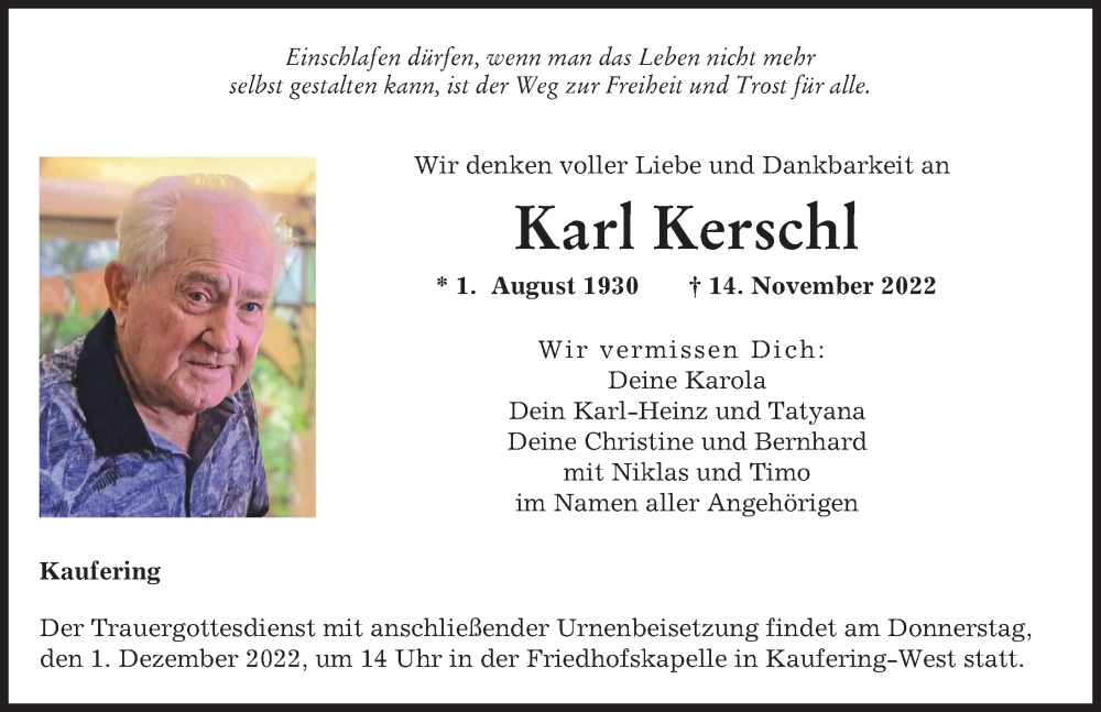  Traueranzeige für Karl Kerschl vom 26.11.2022 aus Landsberger Tagblatt
