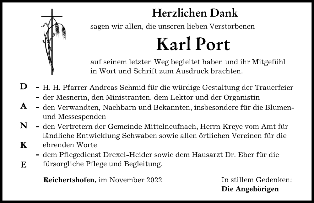 Traueranzeige von Karl Port von Augsburger Allgemeine