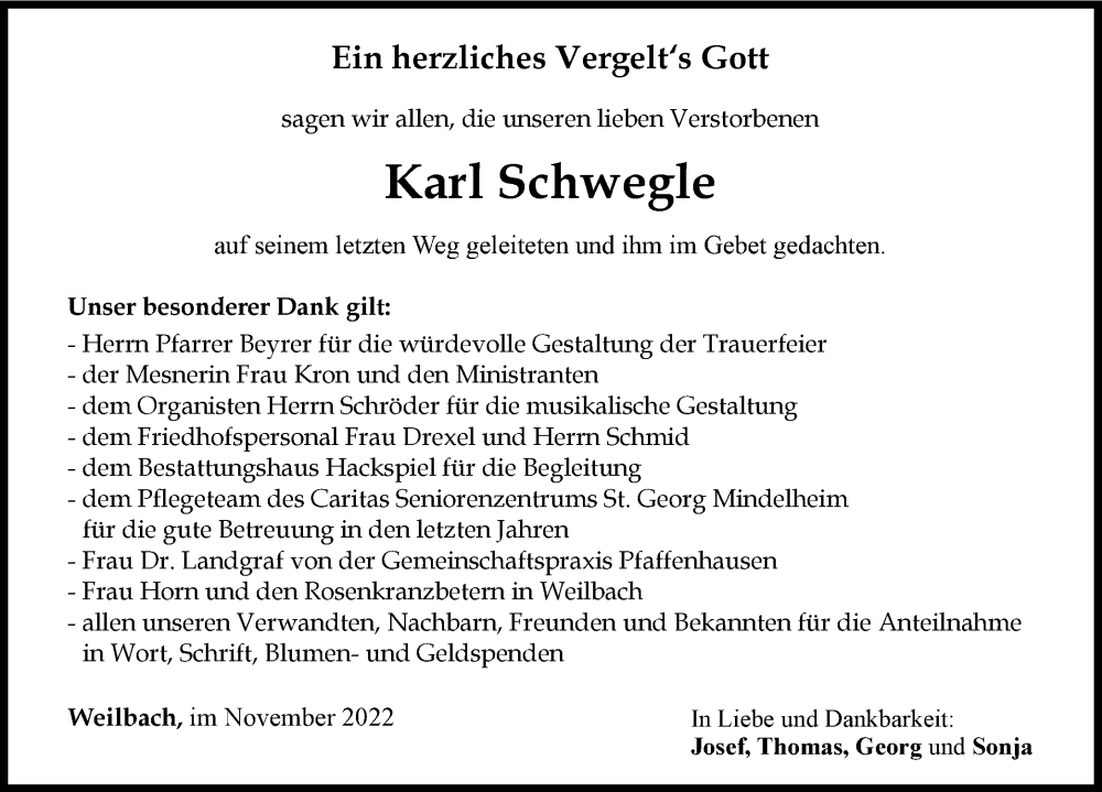 Traueranzeige von Karl Schwegle von Mindelheimer Zeitung