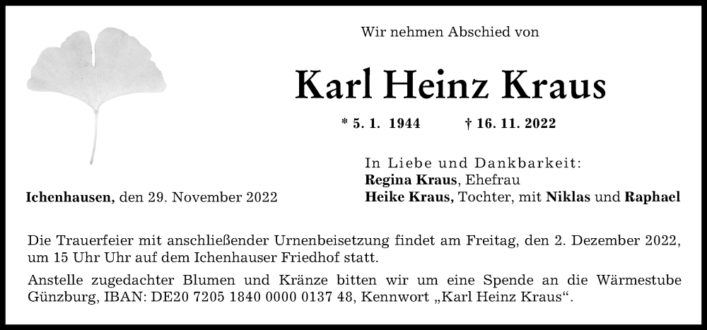  Traueranzeige für Karl Heinz Kraus vom 29.11.2022 aus Günzburger Zeitung