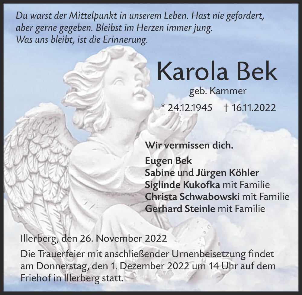  Traueranzeige für Karola Bek vom 26.11.2022 aus Illertisser Zeitung