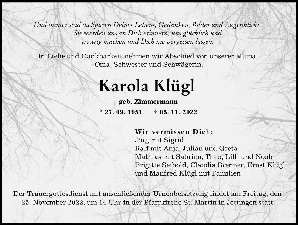  Traueranzeige für Karola Klügl vom 22.11.2022 aus Augsburg-Land, Günzburger Zeitung
