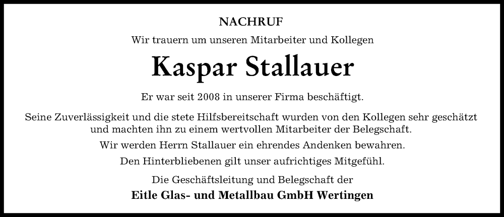 Traueranzeige von Kaspar Stallauer von Wertinger Zeitung