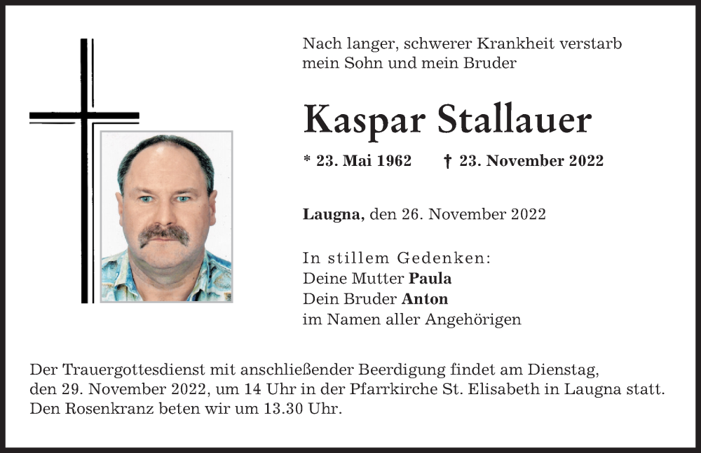 Traueranzeige für Kaspar Stallauer vom 26.11.2022 aus Wertinger Zeitung