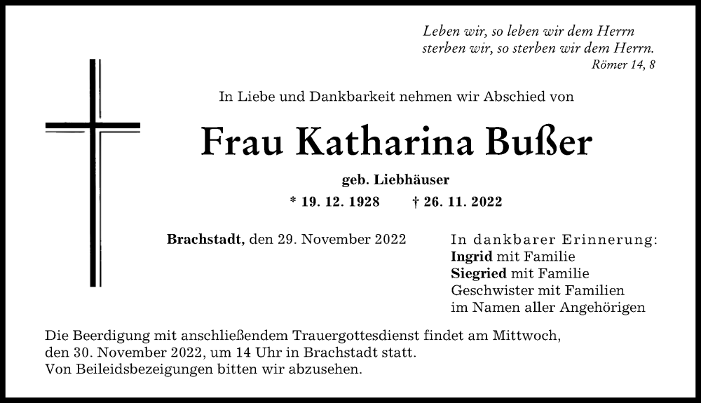 Traueranzeige von Katharina Bußer von Donauwörther Zeitung