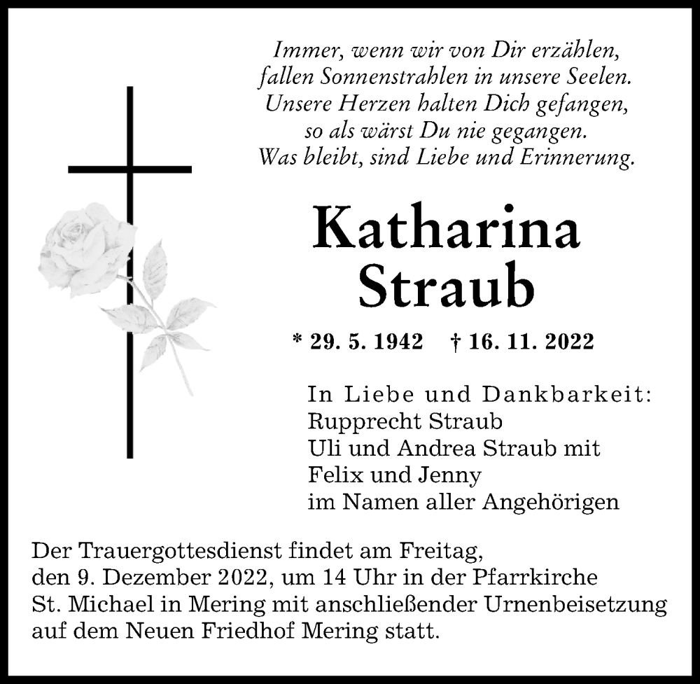  Traueranzeige für Katharina Straub vom 26.11.2022 aus Augsburger Allgemeine