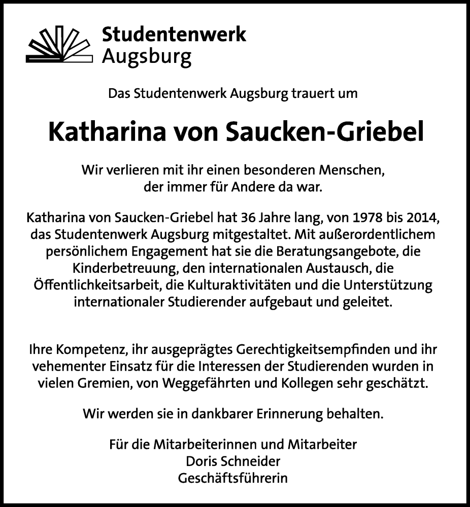  Traueranzeige für Katharina von Saucken-Griebel vom 26.11.2022 aus Augsburger Allgemeine
