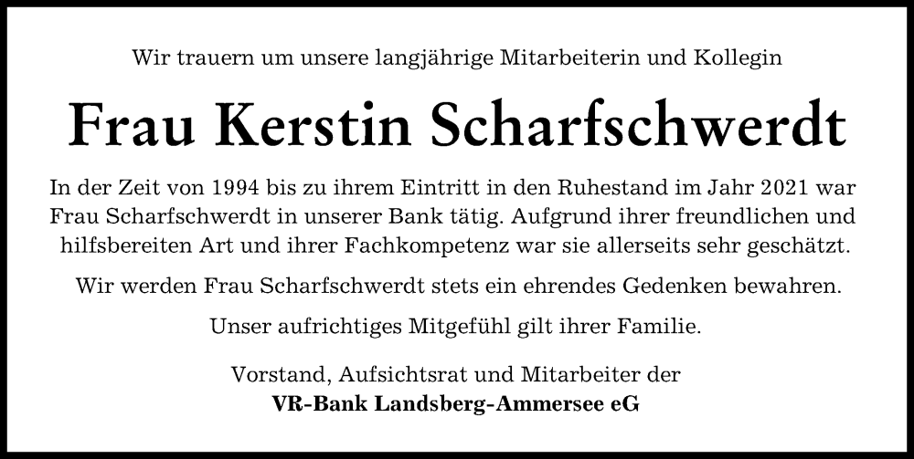 Traueranzeige von Kerstin Scharfschwerdt von Landsberger Tagblatt