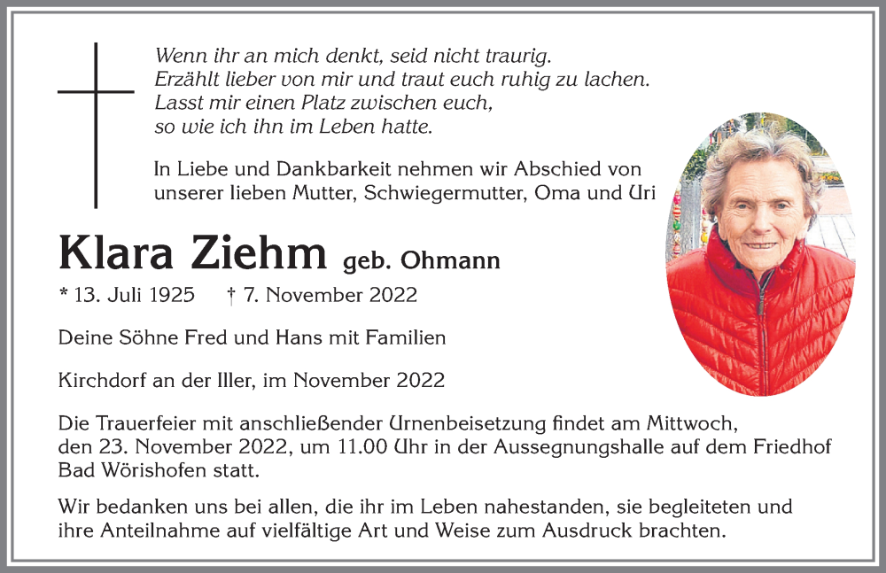  Traueranzeige für Klara Ziehm vom 21.11.2022 aus Mindelheimer Zeitung