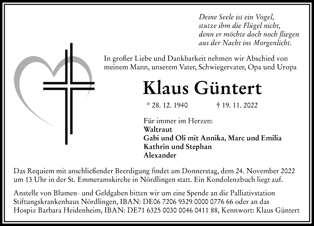  Traueranzeige für Klaus Güntert vom 23.11.2022 aus Rieser Nachrichten