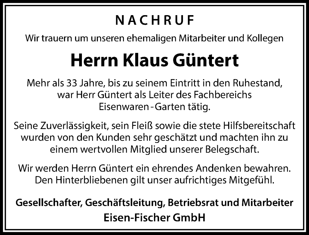  Traueranzeige für Klaus Güntert vom 24.11.2022 aus Rieser Nachrichten