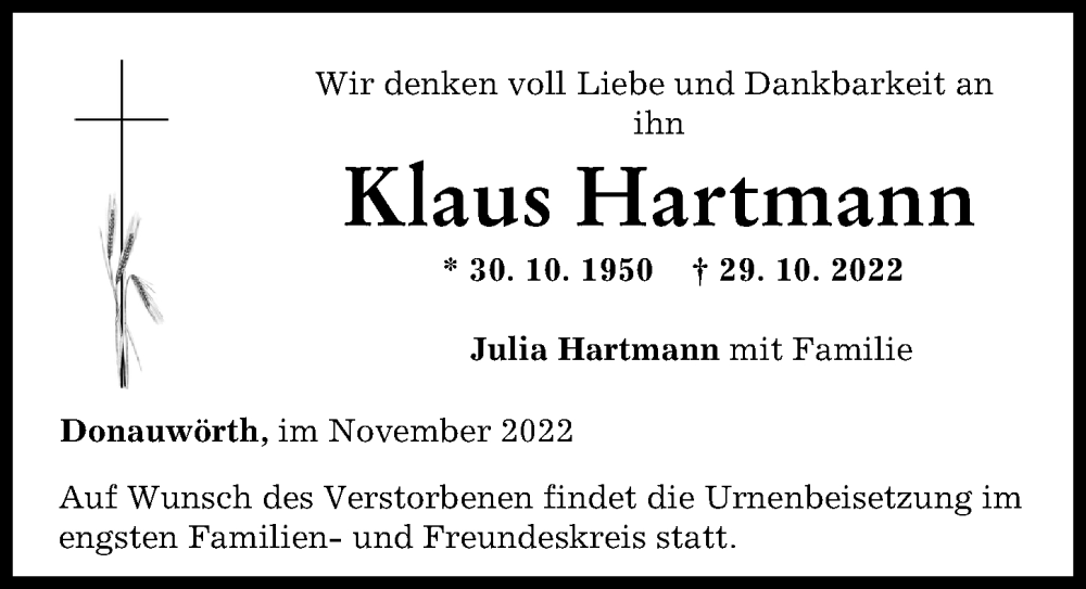 Traueranzeige von Klaus Hartmann von Donauwörther Zeitung