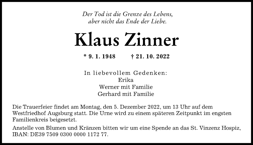  Traueranzeige für Klaus Zinner vom 26.11.2022 aus Augsburger Allgemeine