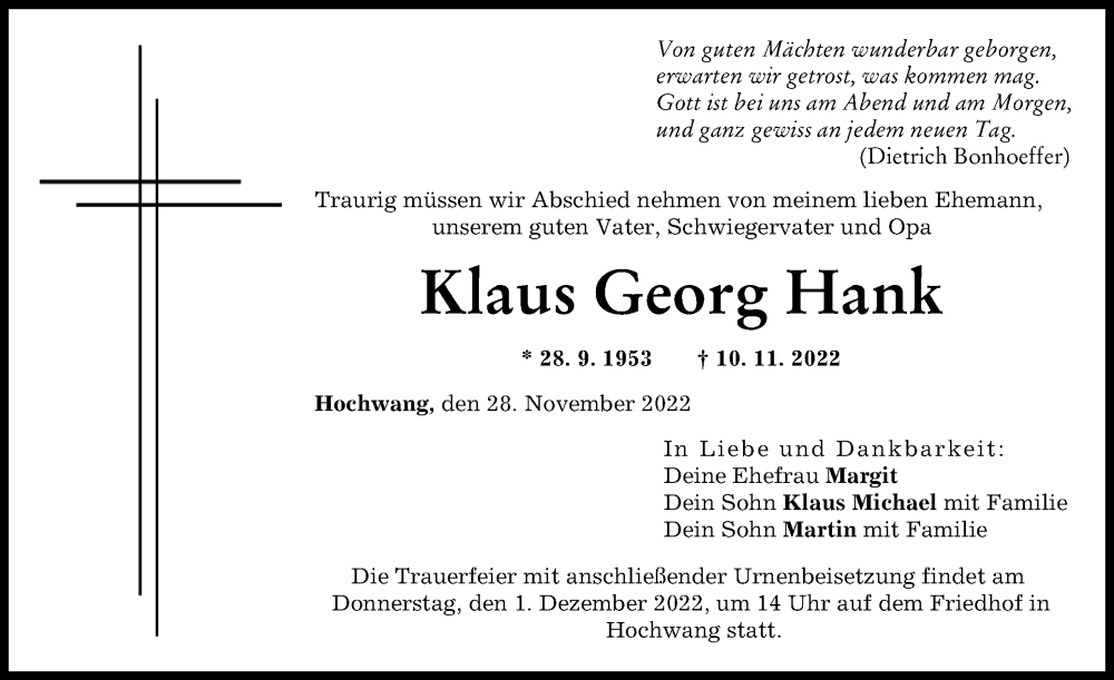  Traueranzeige für Klaus Georg Hank vom 28.11.2022 aus Günzburger Zeitung