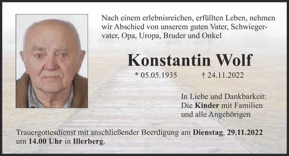  Traueranzeige für Konstantin Wolf vom 26.11.2022 aus Neu-Ulmer Zeitung