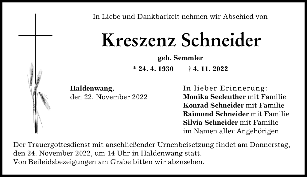  Traueranzeige für Kreszenz Schneider vom 22.11.2022 aus Günzburger Zeitung