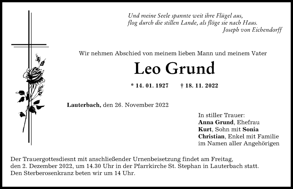  Traueranzeige für Leo Grund vom 26.11.2022 aus Wertinger Zeitung