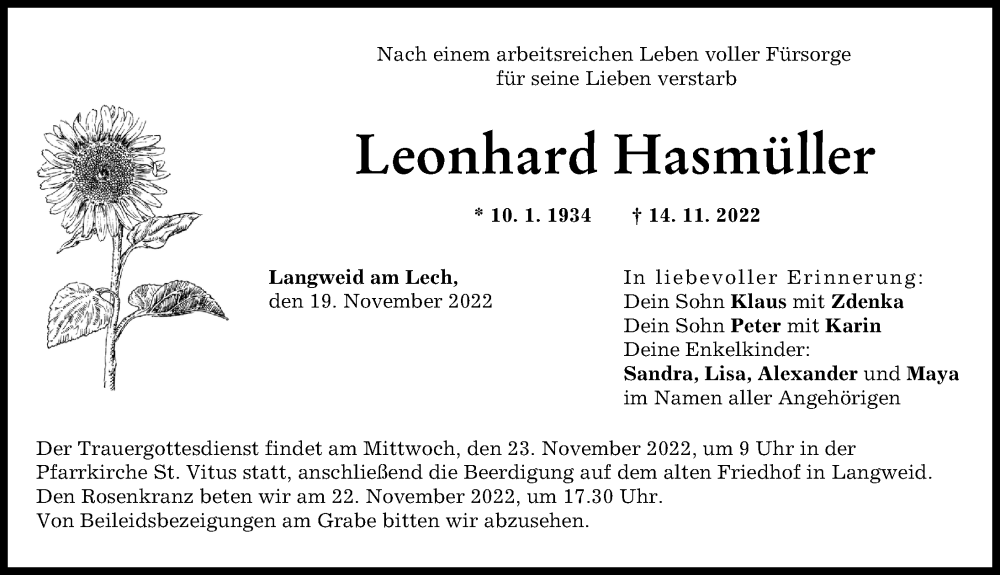 Traueranzeige von Leonhard Hasmüller von Augsburg-Land