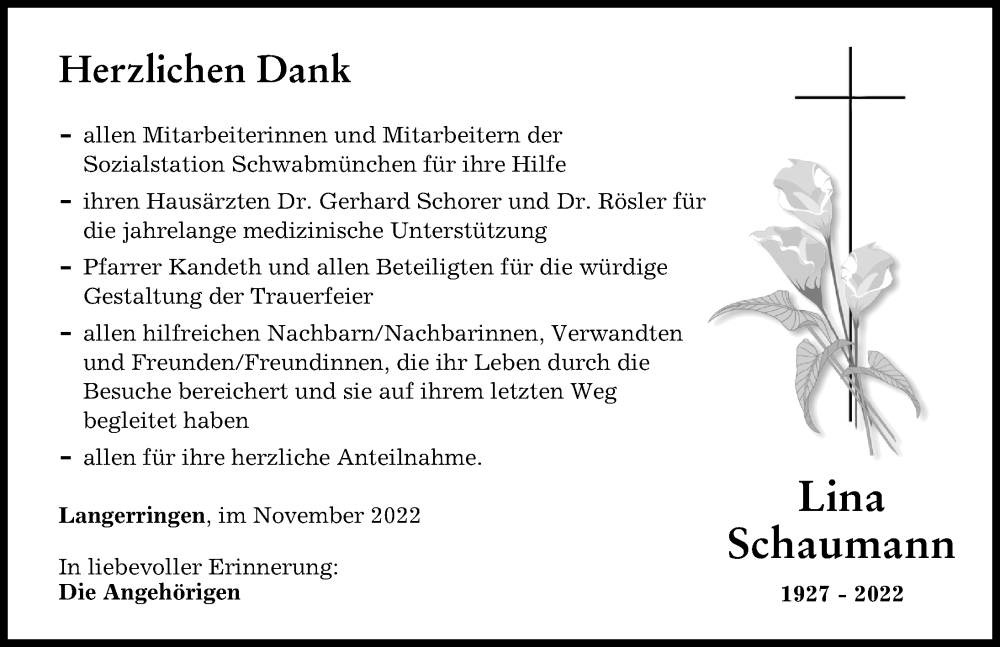  Traueranzeige für Lina Schaumann vom 16.11.2022 aus Schwabmünchner Allgemeine