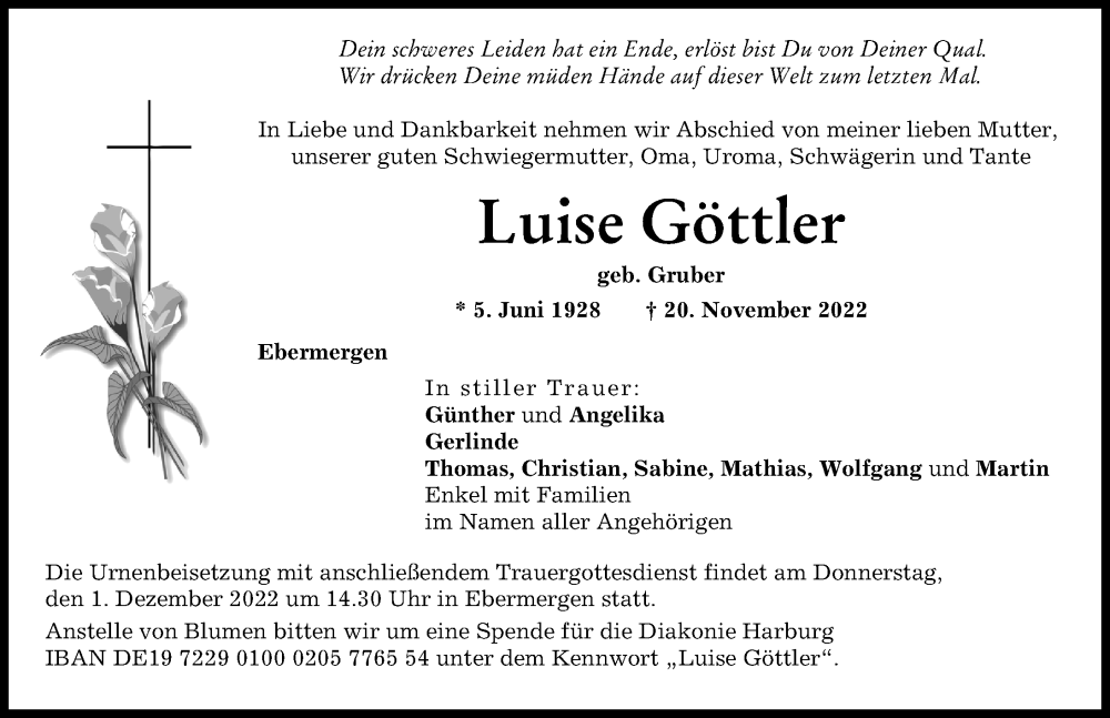  Traueranzeige für Luise Göttler vom 28.11.2022 aus Donauwörther Zeitung