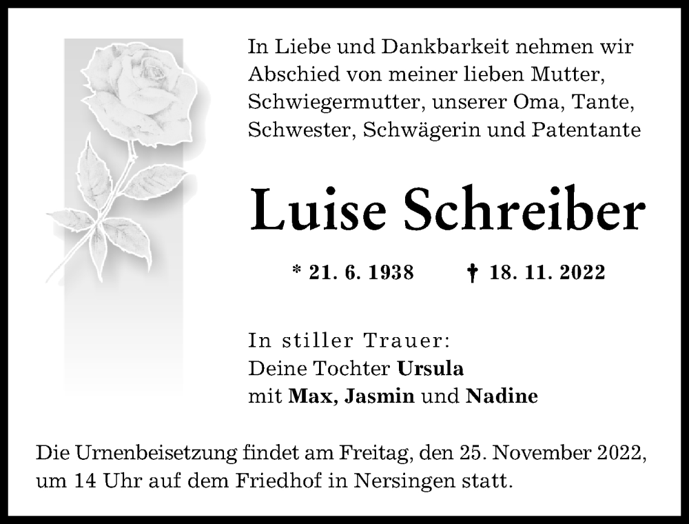 Traueranzeige von Luise Schreiber von Neu-Ulmer Zeitung