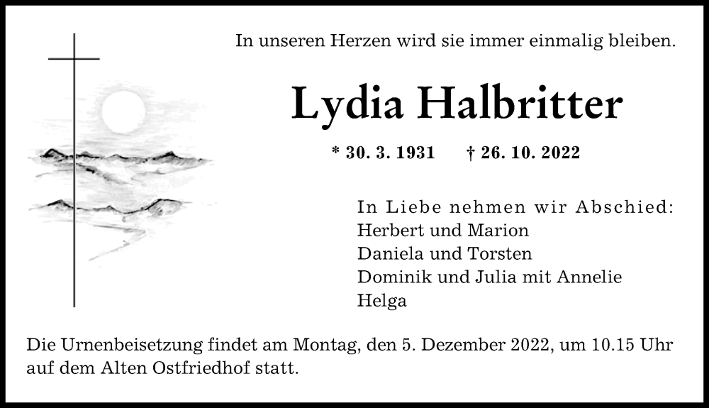  Traueranzeige für Lydia Halbritter vom 26.11.2022 aus Augsburger Allgemeine