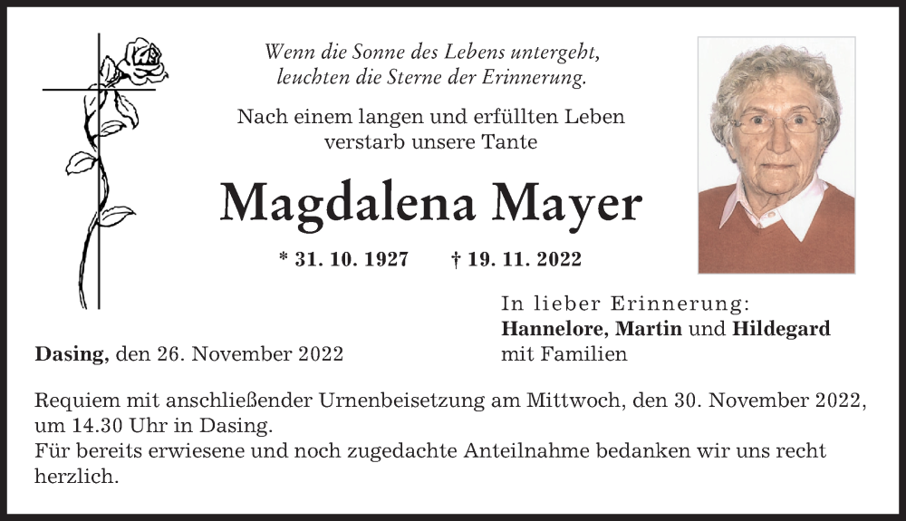 Traueranzeige von Magdalena Mayer von Friedberger Allgemeine