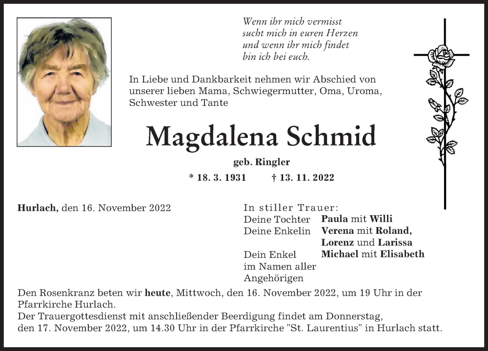 Traueranzeigen Von Magdalena Schmid Augsburger Allgemeine Zeitung