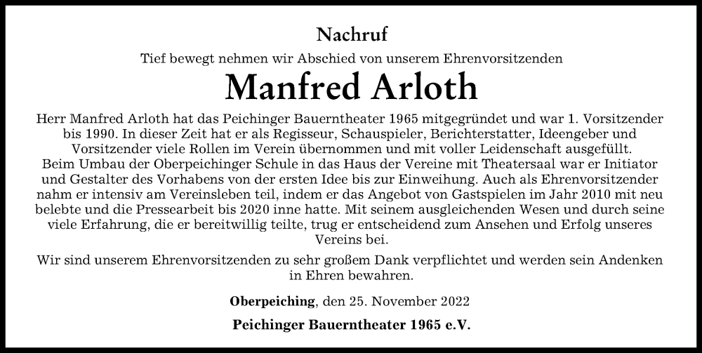  Traueranzeige für Manfred Arloth vom 25.11.2022 aus Donauwörther Zeitung