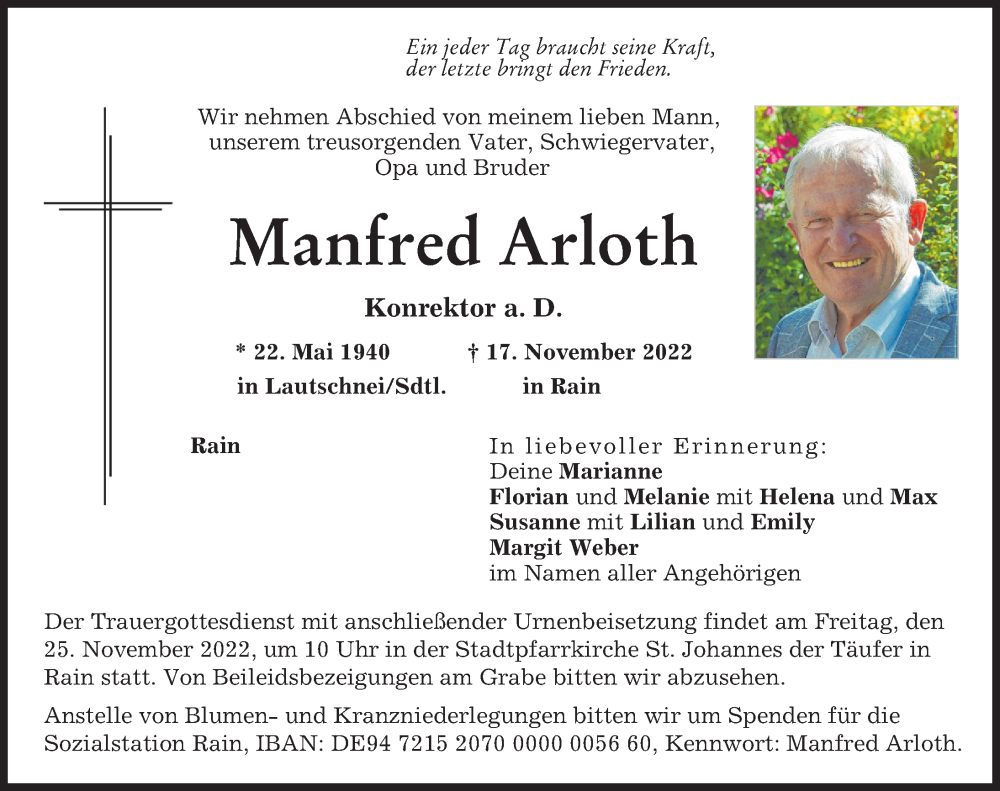  Traueranzeige für Manfred Arloth vom 22.11.2022 aus Donauwörther Zeitung