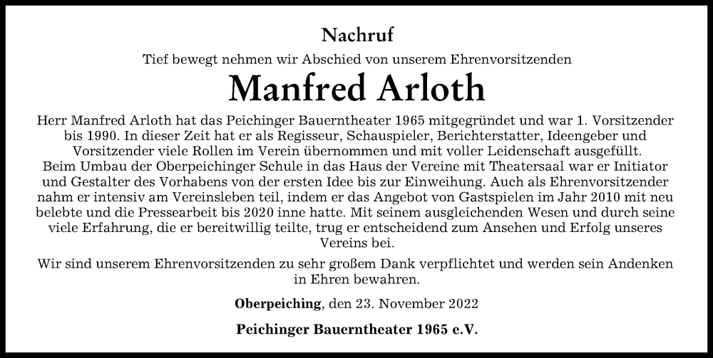  Traueranzeige für Manfred Arloth vom 23.11.2022 aus Donau Zeitung