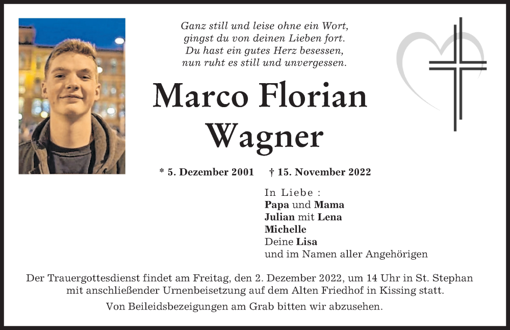  Traueranzeige für Marco Florian Wagner vom 26.11.2022 aus Friedberger Allgemeine