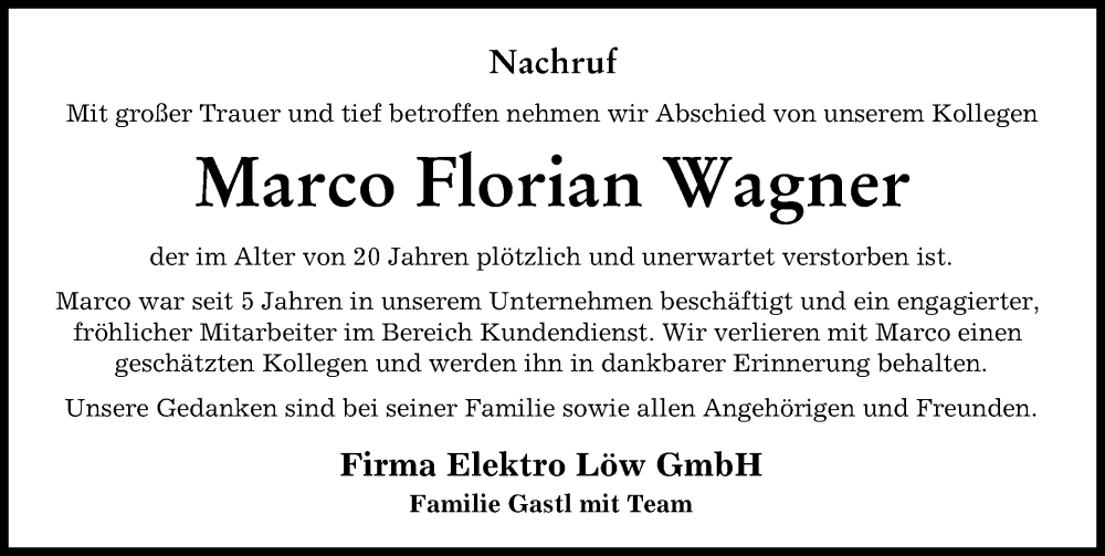  Traueranzeige für Marco Florian Wagner vom 01.12.2022 aus Friedberger Allgemeine