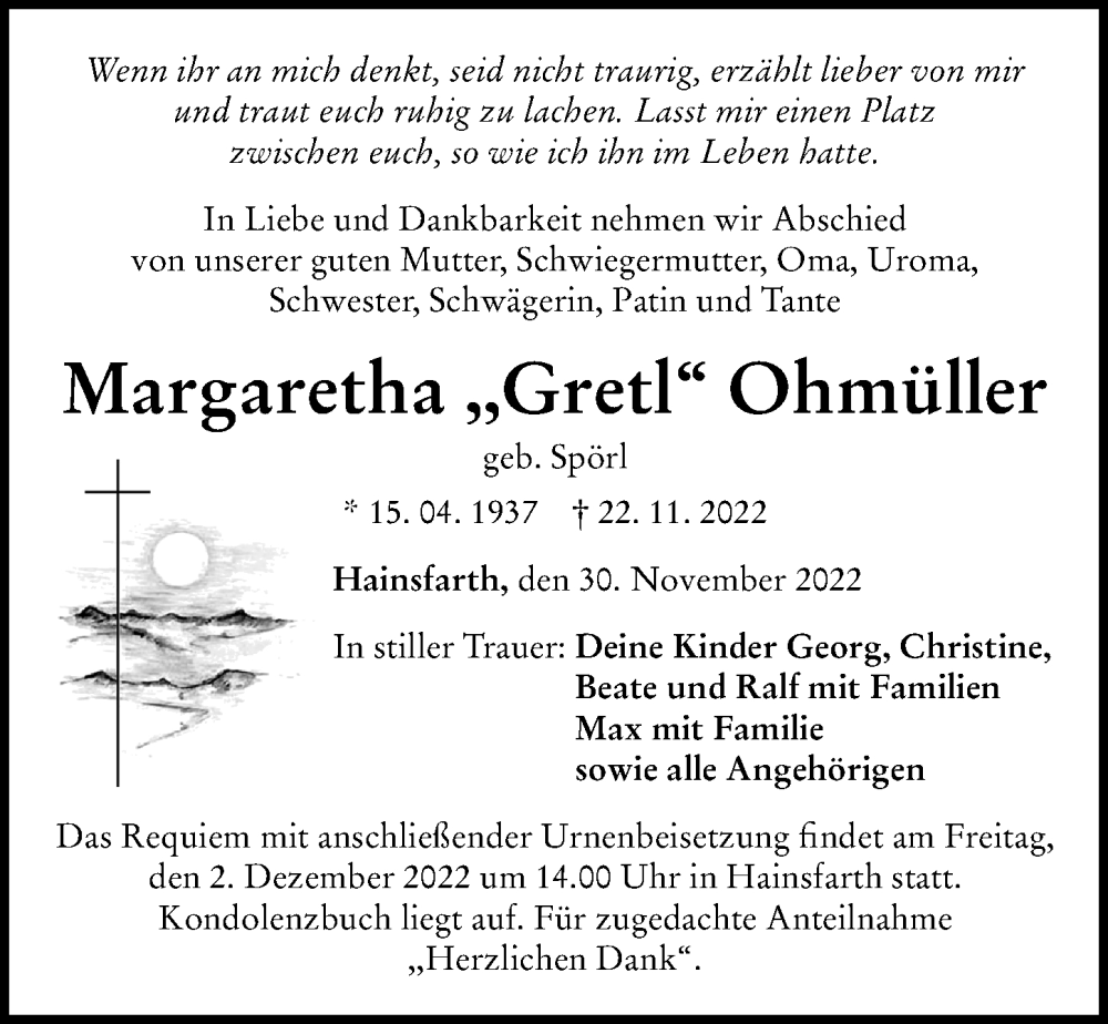 Traueranzeige von Margaretha  Ohmüller von Rieser Nachrichten