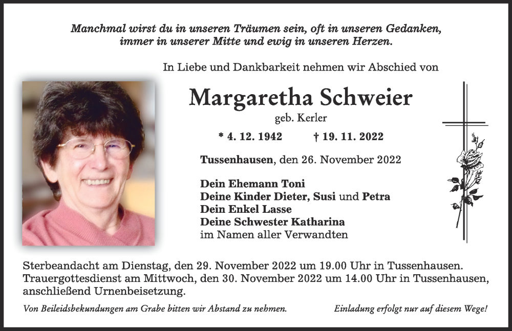 Traueranzeige von Margaretha Schweier von Mindelheimer Zeitung