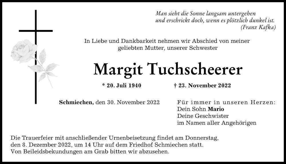  Traueranzeige für Margit Tuchscheerer vom 30.11.2022 aus Friedberger Allgemeine