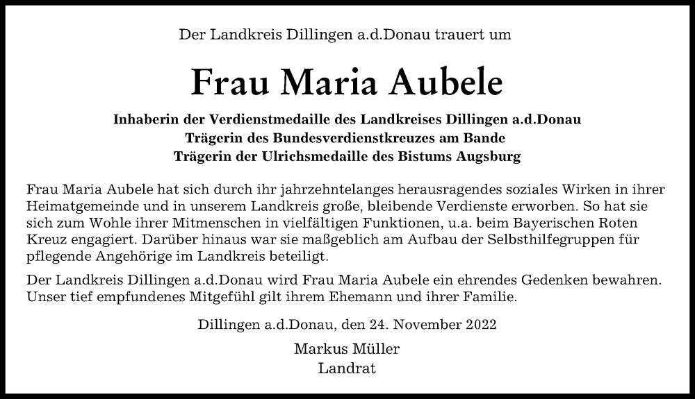  Traueranzeige für Maria Aubele vom 24.11.2022 aus Donau Zeitung