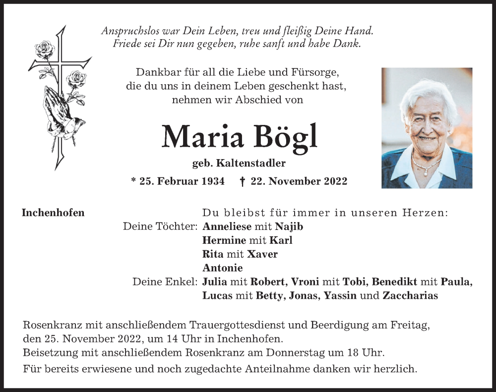 Traueranzeige für Maria Bögl vom 23.11.2022 aus Aichacher Nachrichten