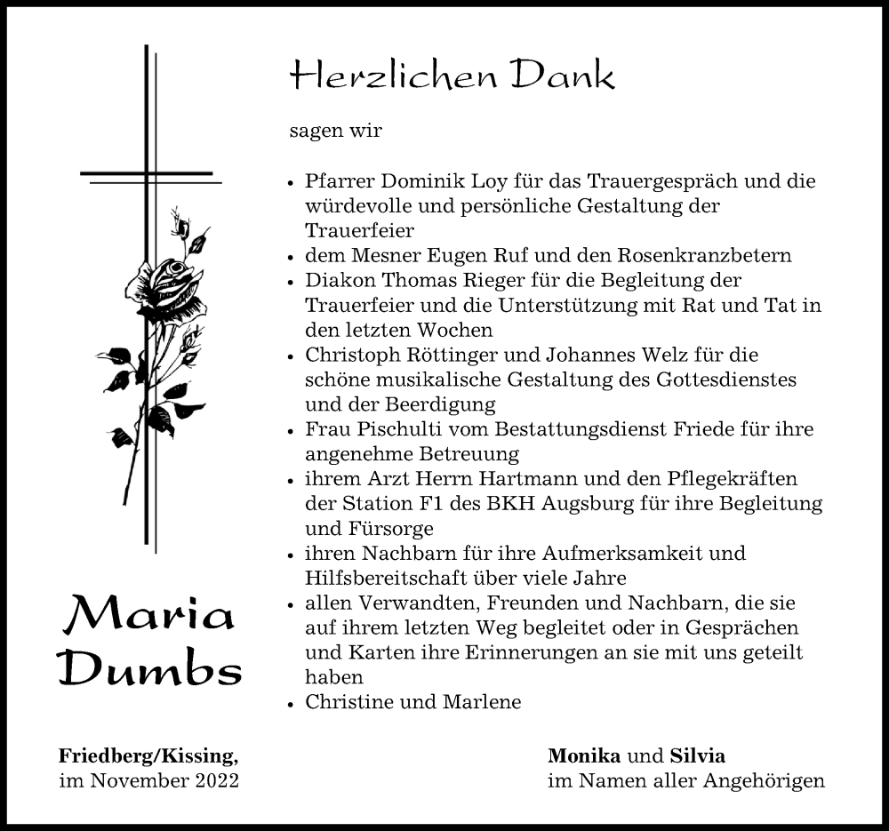  Traueranzeige für Maria Dumbs vom 26.11.2022 aus Friedberger Allgemeine, Aichacher Nachrichten