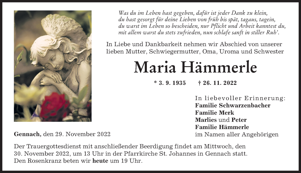  Traueranzeige für Maria Hämmerle vom 29.11.2022 aus Schwabmünchner Allgemeine