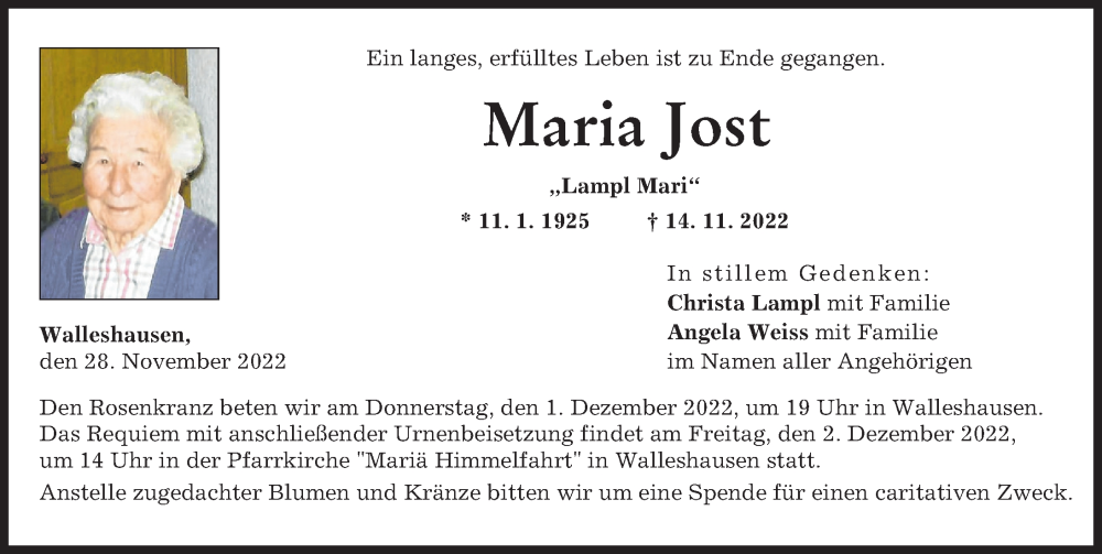  Traueranzeige für Maria Jost vom 28.11.2022 aus Landsberger Tagblatt