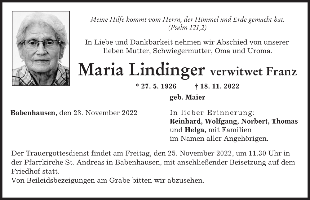  Traueranzeige für Maria Lindinger vom 23.11.2022 aus Illertisser Zeitung