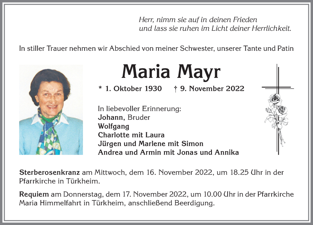 Traueranzeigen Von Maria Mayr Augsburger Allgemeine Zeitung