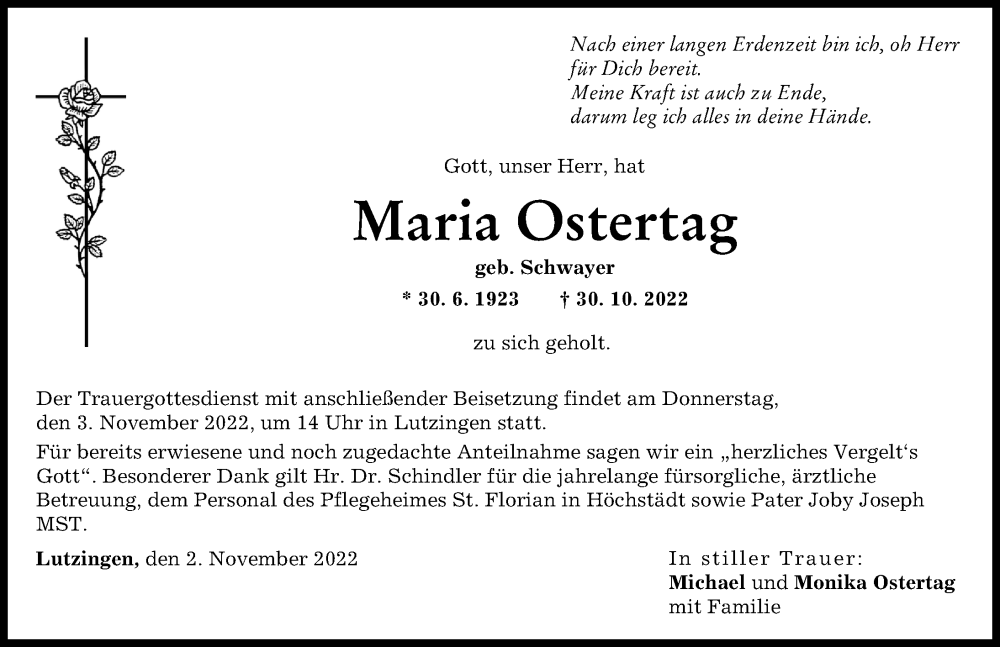 Traueranzeigen Von Maria Ostertag | Augsburger Allgemeine Zeitung