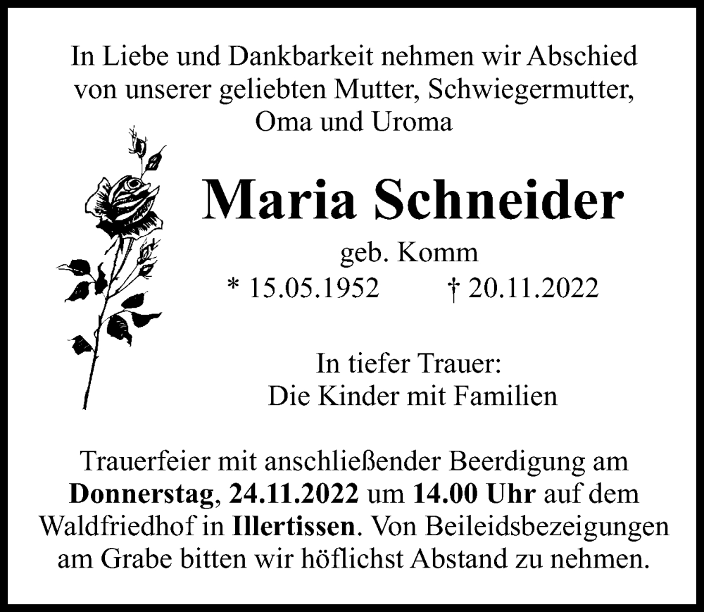  Traueranzeige für Maria Schneider vom 23.11.2022 aus Illertisser Zeitung