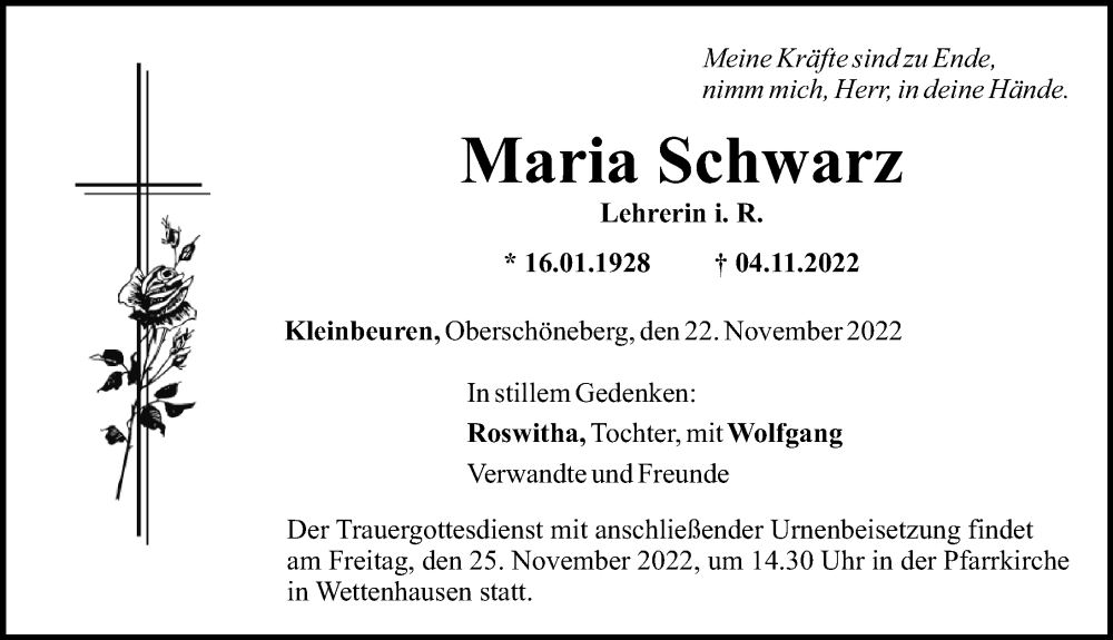 Traueranzeige von Maria Schwarz von Günzburger Zeitung