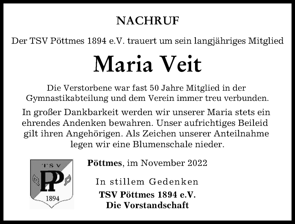  Traueranzeige für Maria Veit vom 29.11.2022 aus Aichacher Nachrichten