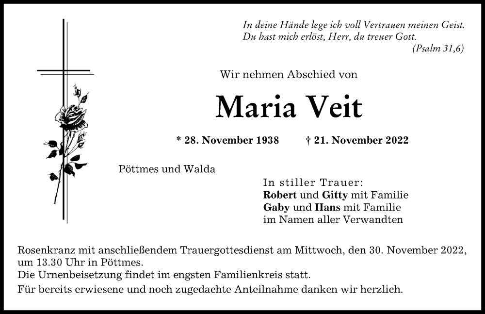 Traueranzeige für Maria Veit vom 26.11.2022 aus Aichacher Nachrichten