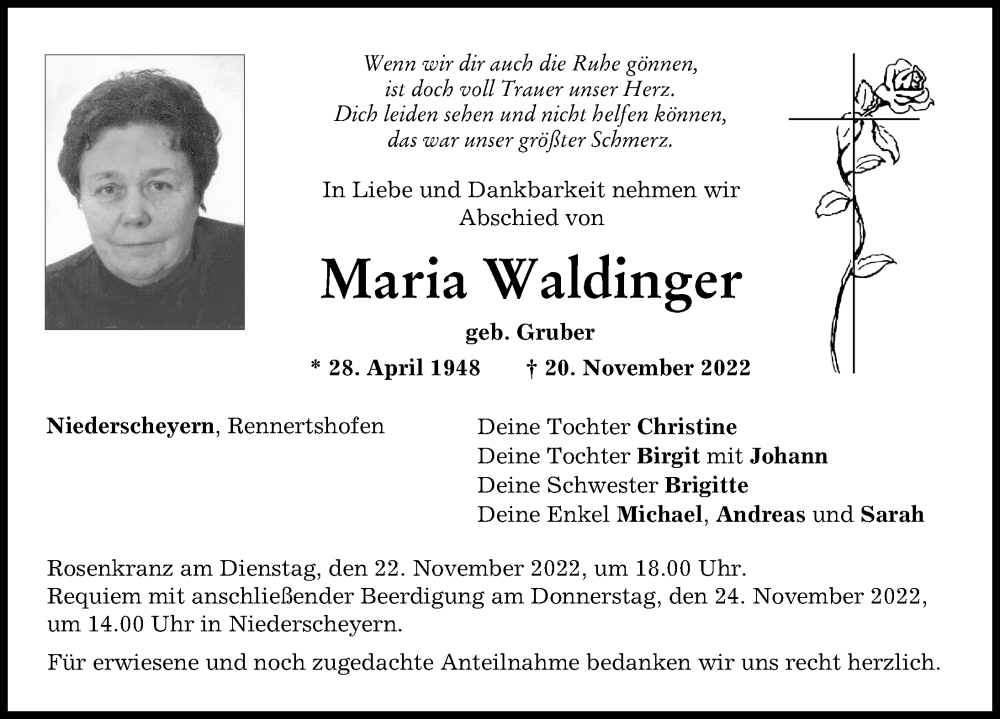  Traueranzeige für Maria Waldinger vom 22.11.2022 aus Neuburger Rundschau
