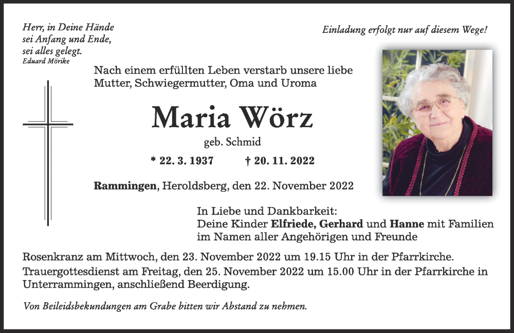  Traueranzeige für Maria Wörz vom 22.11.2022 aus Mindelheimer Zeitung